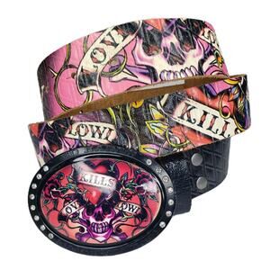 Ed Hardy Belt Love Kills Pink Leather Buckle Rhinestone Skull Belt Small Y2K